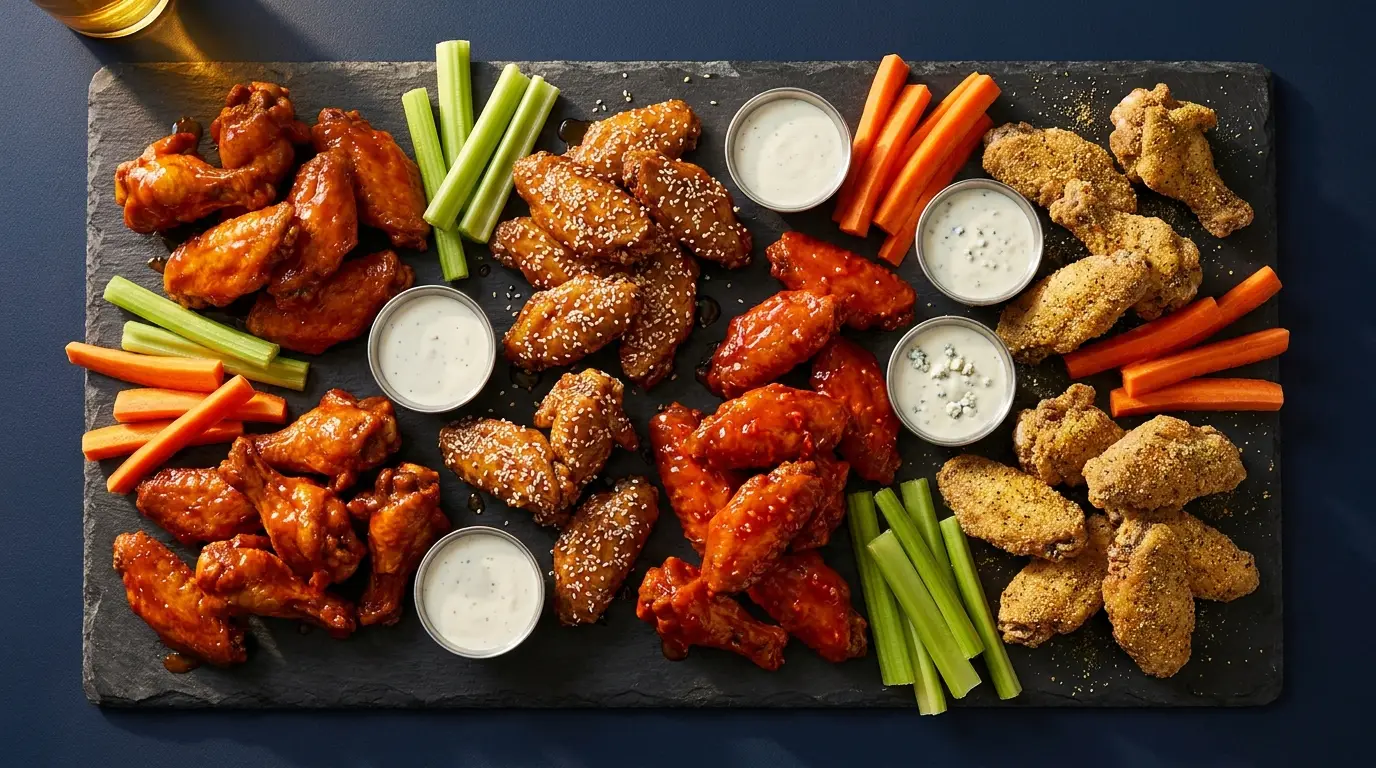 A spread of Blue 42 wings across sauces and dry rubs